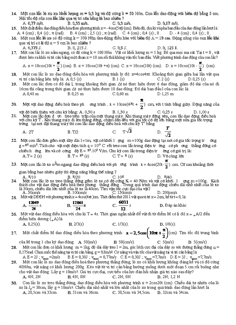 ĐỀ KIỂM TRA ĐỊNH KÌ Lần 1 phần dao động cơ học