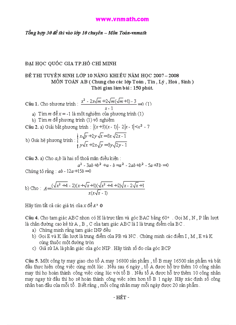 Tổng hợp 30 đề thi tuyển sinh vào lớp 10 chuyên môn toán