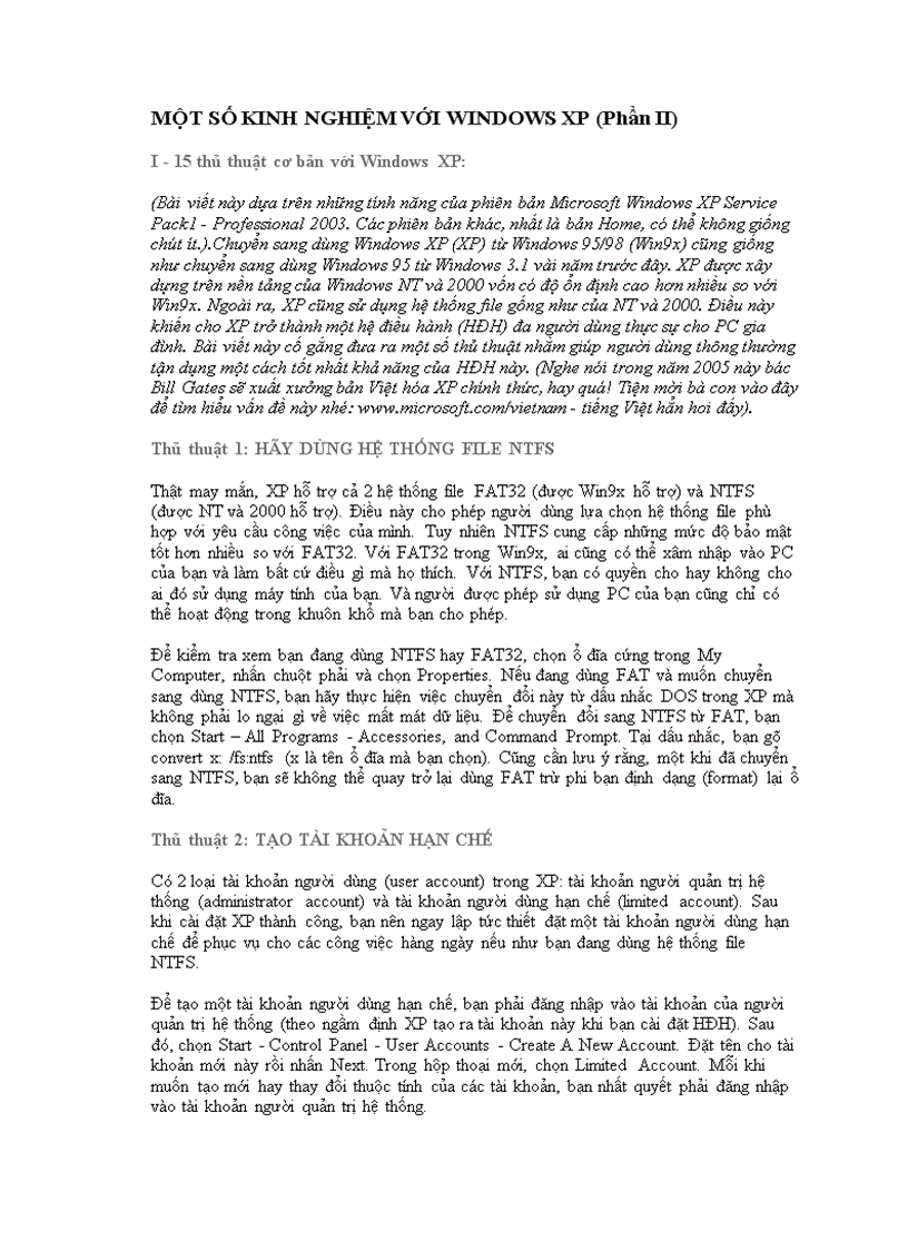 Một số kinh nghiệm với windows xp