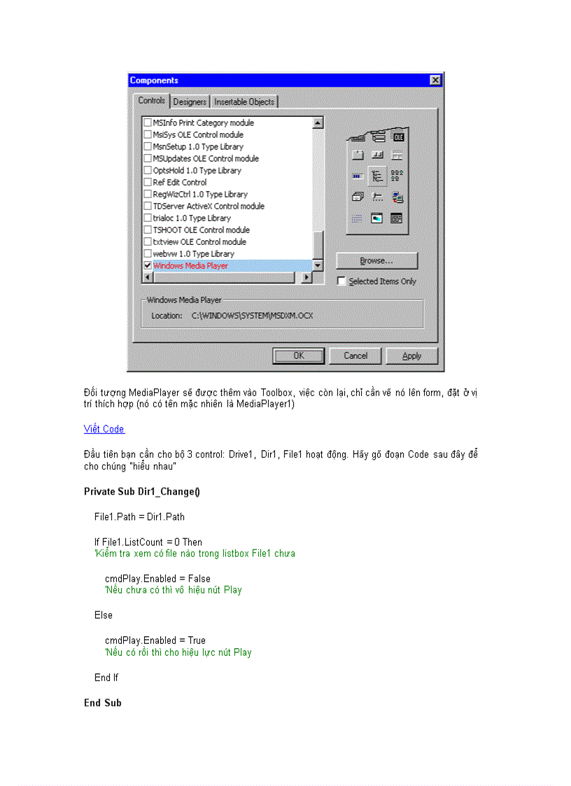 Thiết kế chương trình duyệt file âm thanh bằng Visual Basic