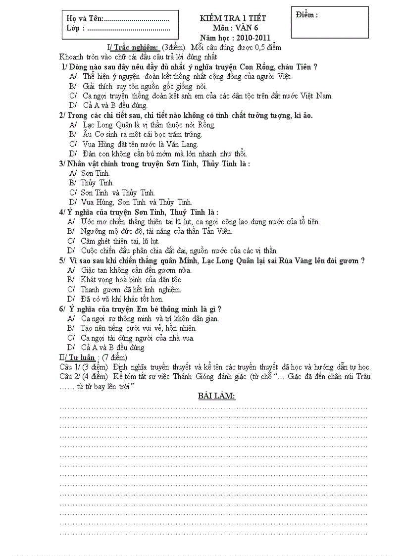 image for page Kiểm tra 1 tiết Môn VĂN 6 Năm học 2010 2011