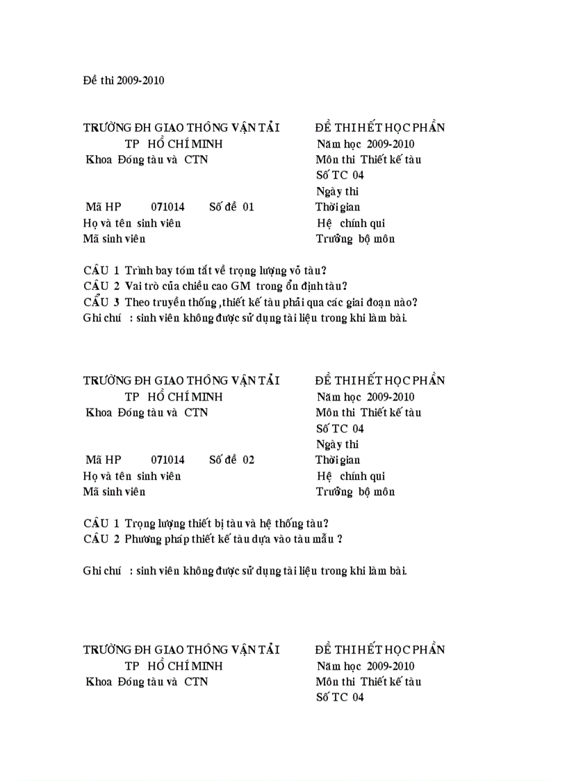 image for page Trường đh giao thông vận tải tp hồ chí minh đề thi hết học phần Năm học 2009 2010 Khoa Đóng tàu và CTN Môn thi Thiết kế tàu