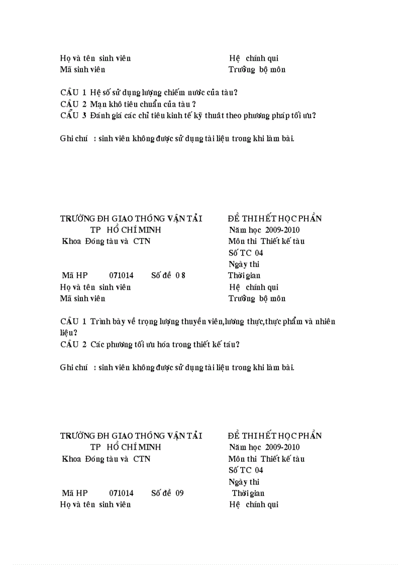 image for page Trường đh giao thông vận tải tp hồ chí minh đề thi hết học phần Năm học 2009 2010 Khoa Đóng tàu và CTN Môn thi Thiết kế tàu