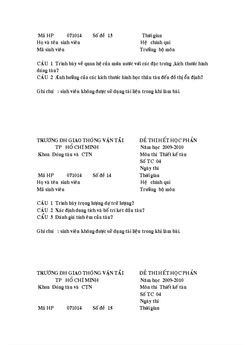 image for page Trường đh giao thông vận tải tp hồ chí minh đề thi hết học phần Năm học 2009 2010 Khoa Đóng tàu và CTN Môn thi Thiết kế tàu