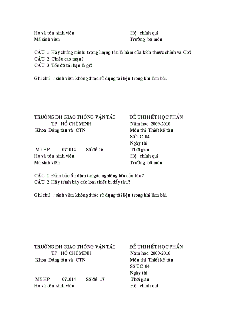 image for page Trường đh giao thông vận tải tp hồ chí minh đề thi hết học phần Năm học 2009 2010 Khoa Đóng tàu và CTN Môn thi Thiết kế tàu