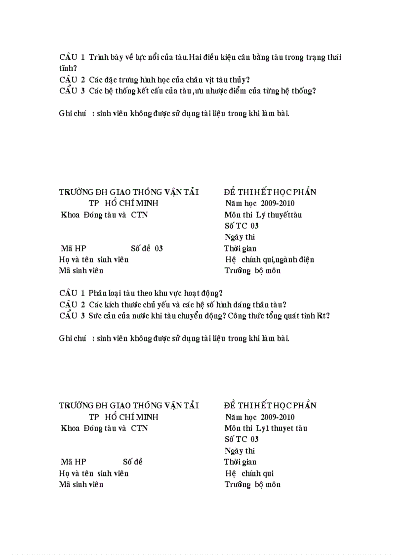 image for page Trường đh giao thông vận tải tp hồ chí minh đề thi hết học phần Năm học 2009 2010 Khoa Đóng tàu và CTN Môn thi Thiết kế tàu