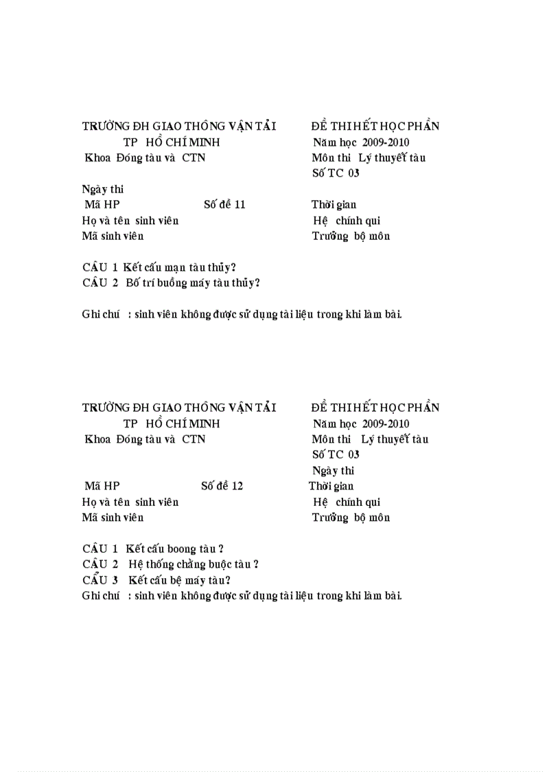 image for page Trường đh giao thông vận tải tp hồ chí minh đề thi hết học phần Năm học 2009 2010 Khoa Đóng tàu và CTN Môn thi Thiết kế tàu