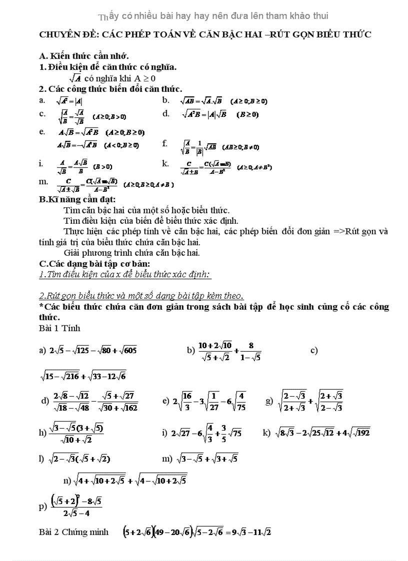 image for page Chuyên đề Các phép toán về căn bậc hai rút gọn biểu thức