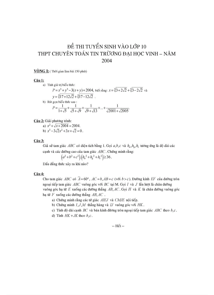 image for page Đề thi tuyển sinh vào THPT chuyên toán tin đại học Vinh