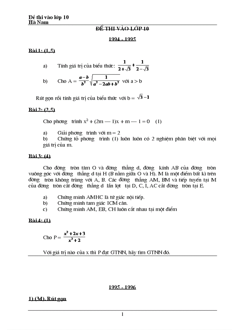 image for page Bộ đề tuyển sinh vào lớp 10 từ năm 1994 2011