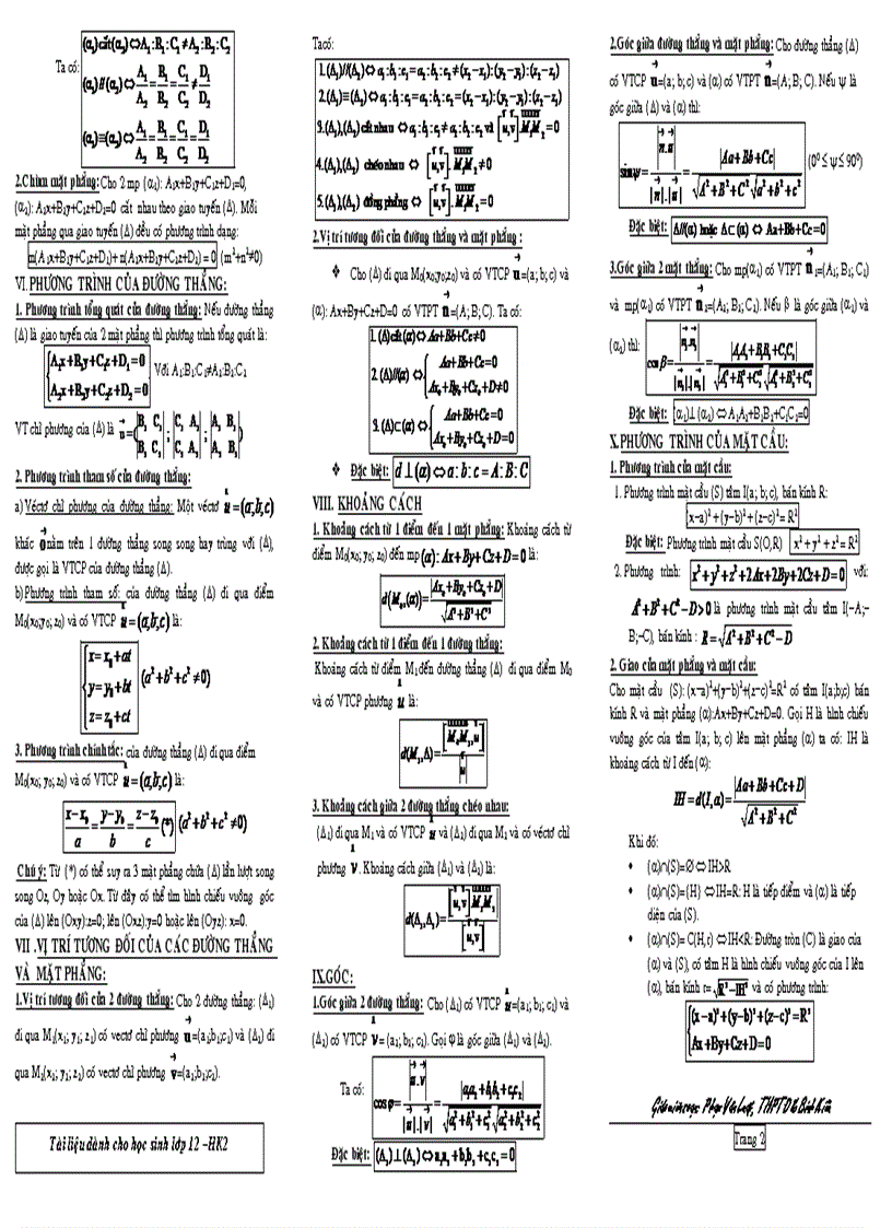 Tóm tắt học kỳ 2 hình học 12