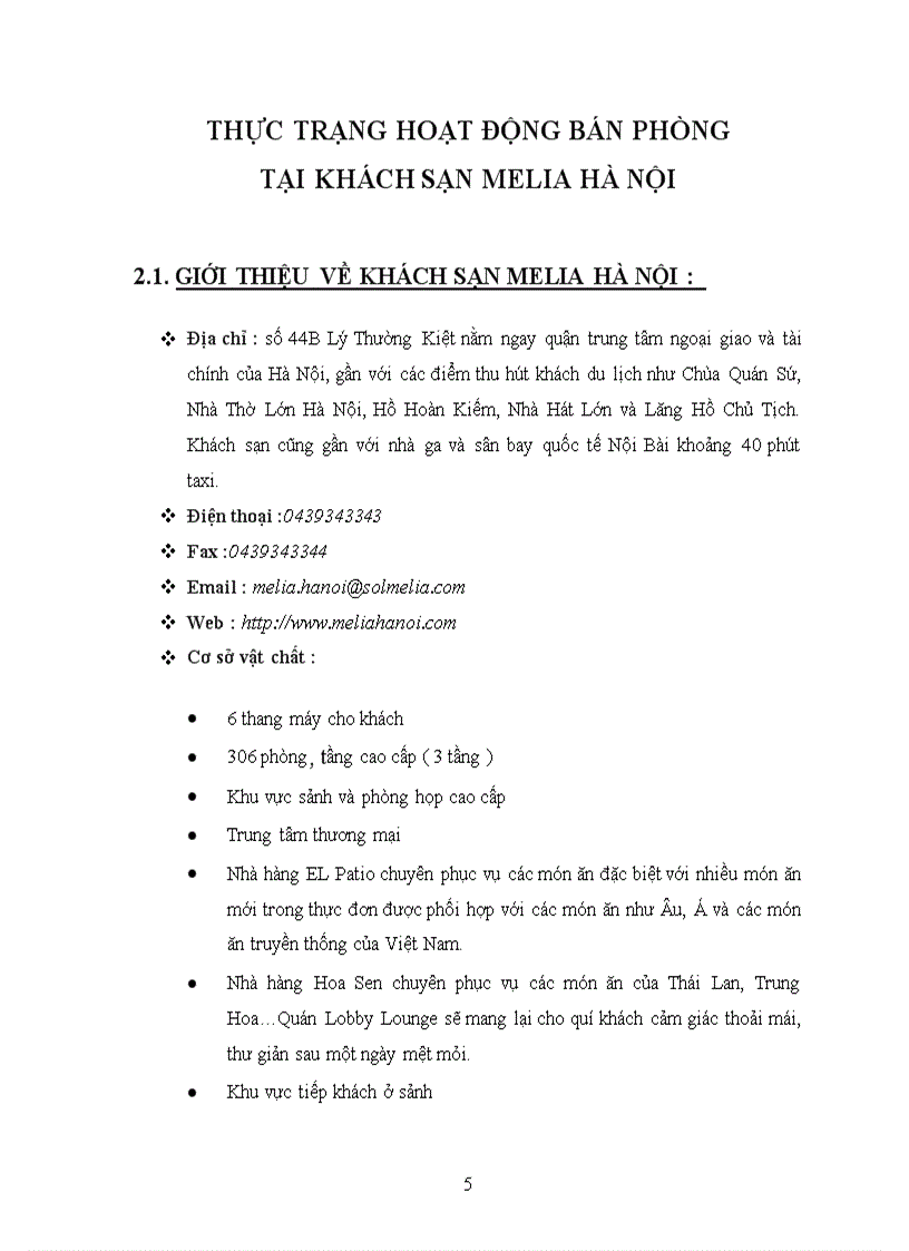 Đề tài thảo luận Thực trạng hoạt động bán hàng và các nhân tố ảnh hưởng tới hoạt động bán tại khách sạn Melia Hà Nội
