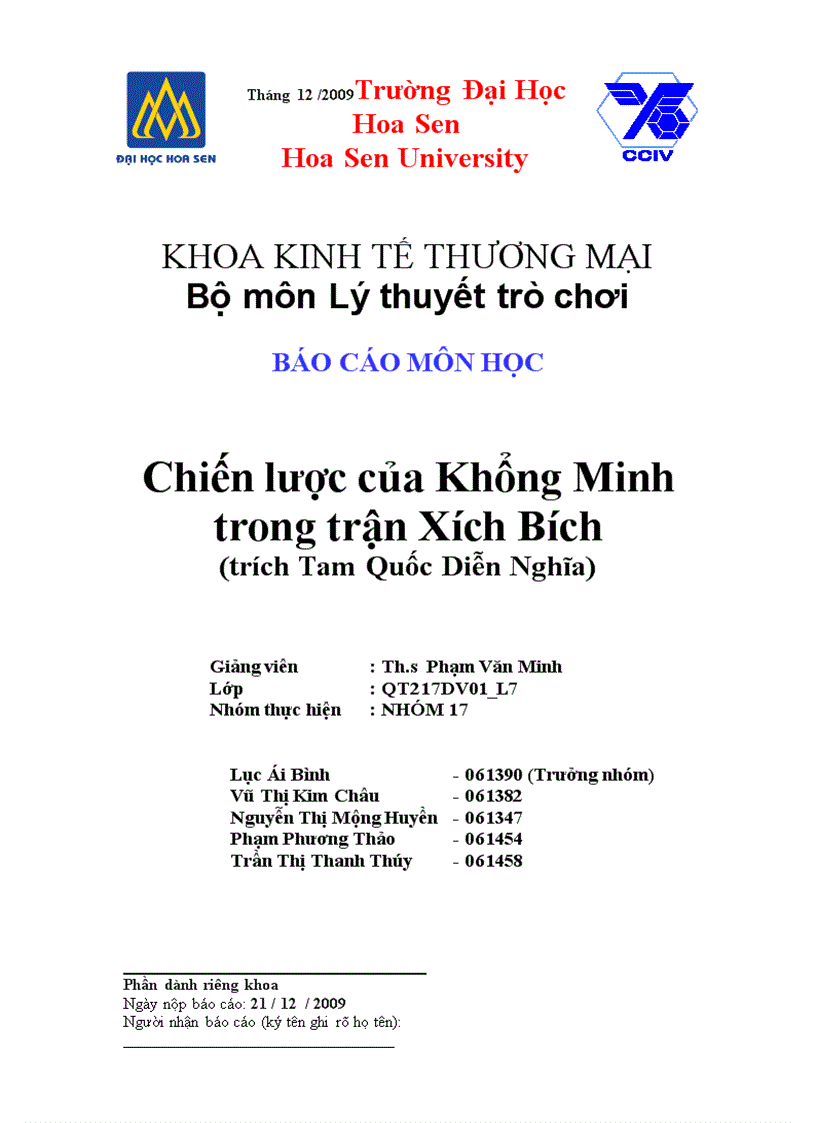 Chiến lược của Khổng Minh trong trận Xích Bích trích Tam Quốc Diễn Nghĩa tiểu luận Lý thuyết trò chơi