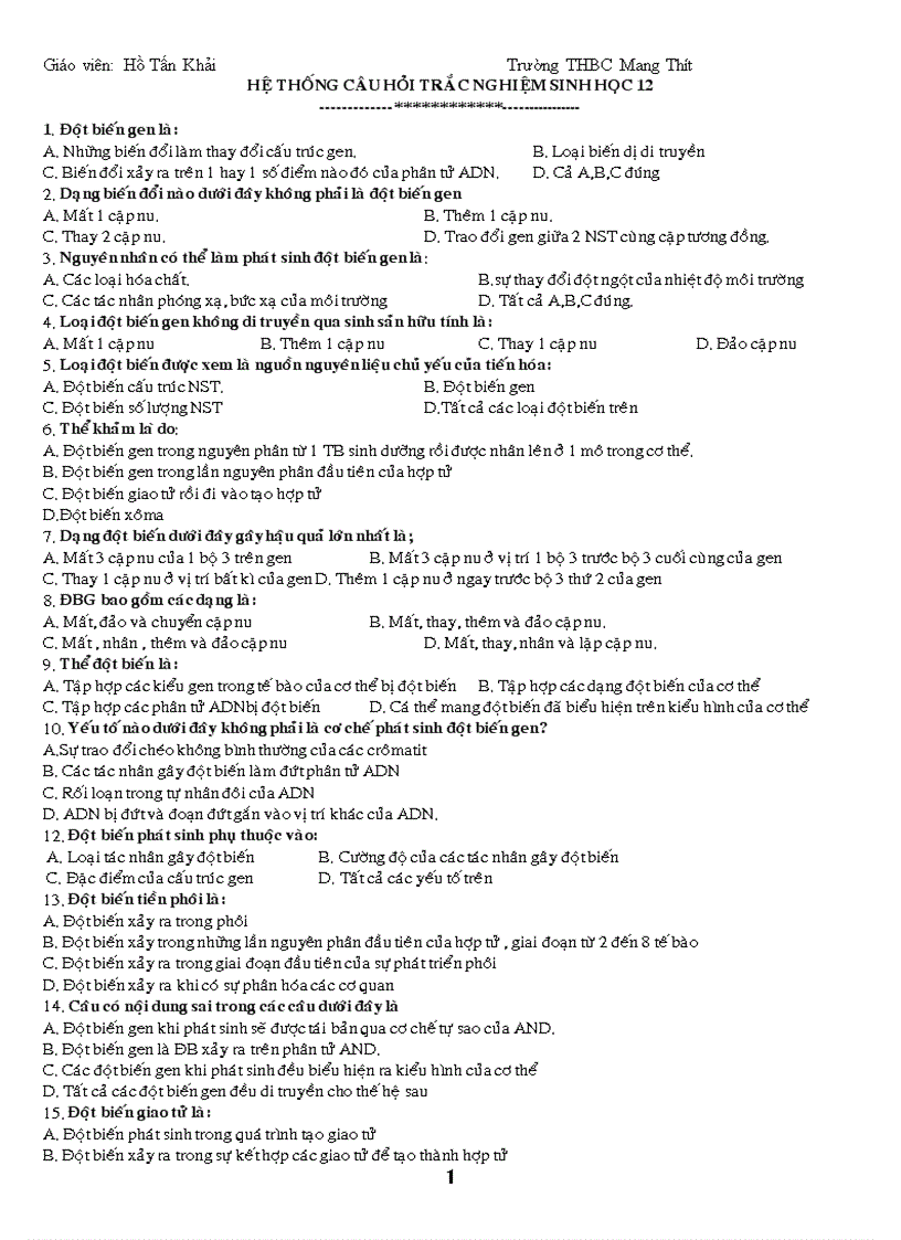 image for page Hệ thống câu hỏi trắc nghiệm sinh học 12