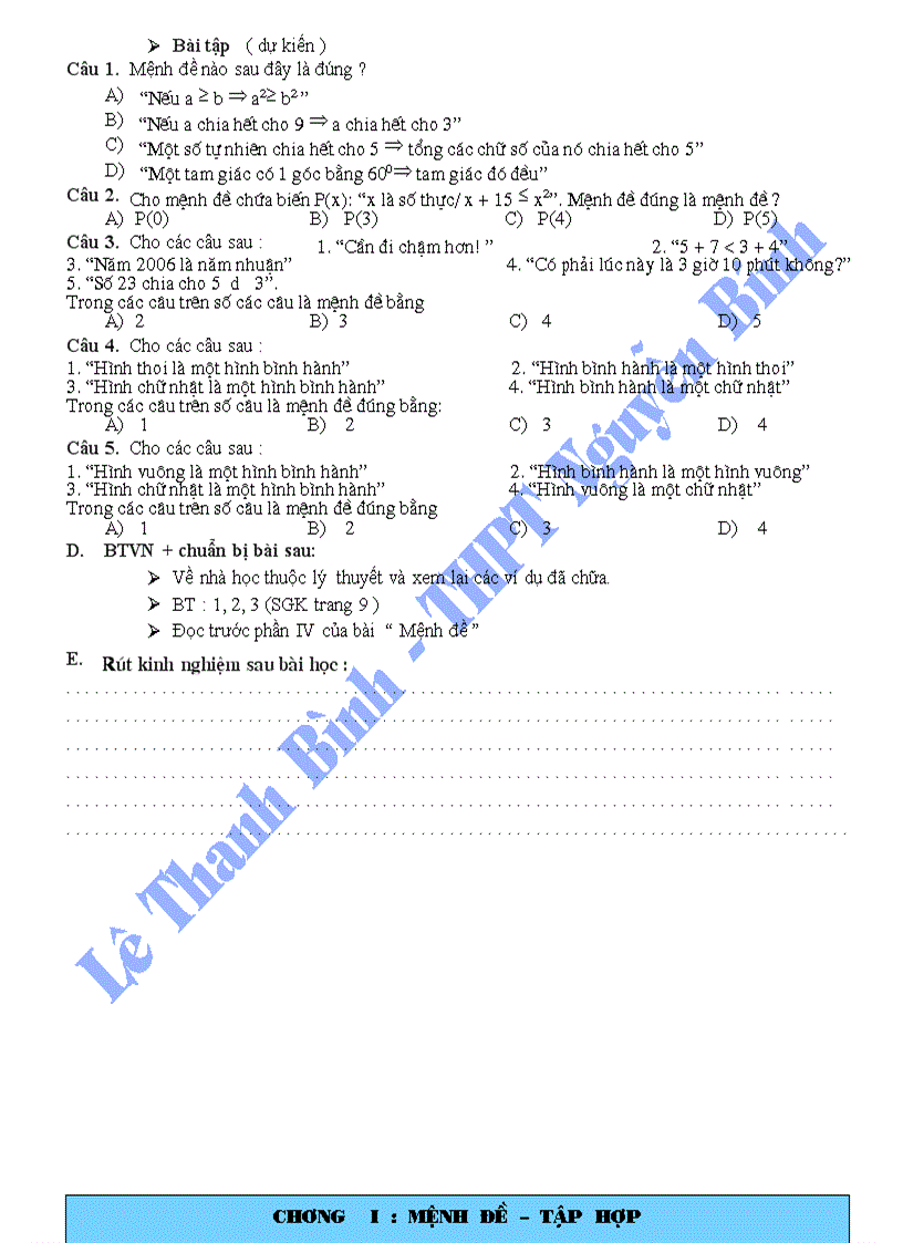 image for page Giáo án toán 10 mệnh đề tiết 1