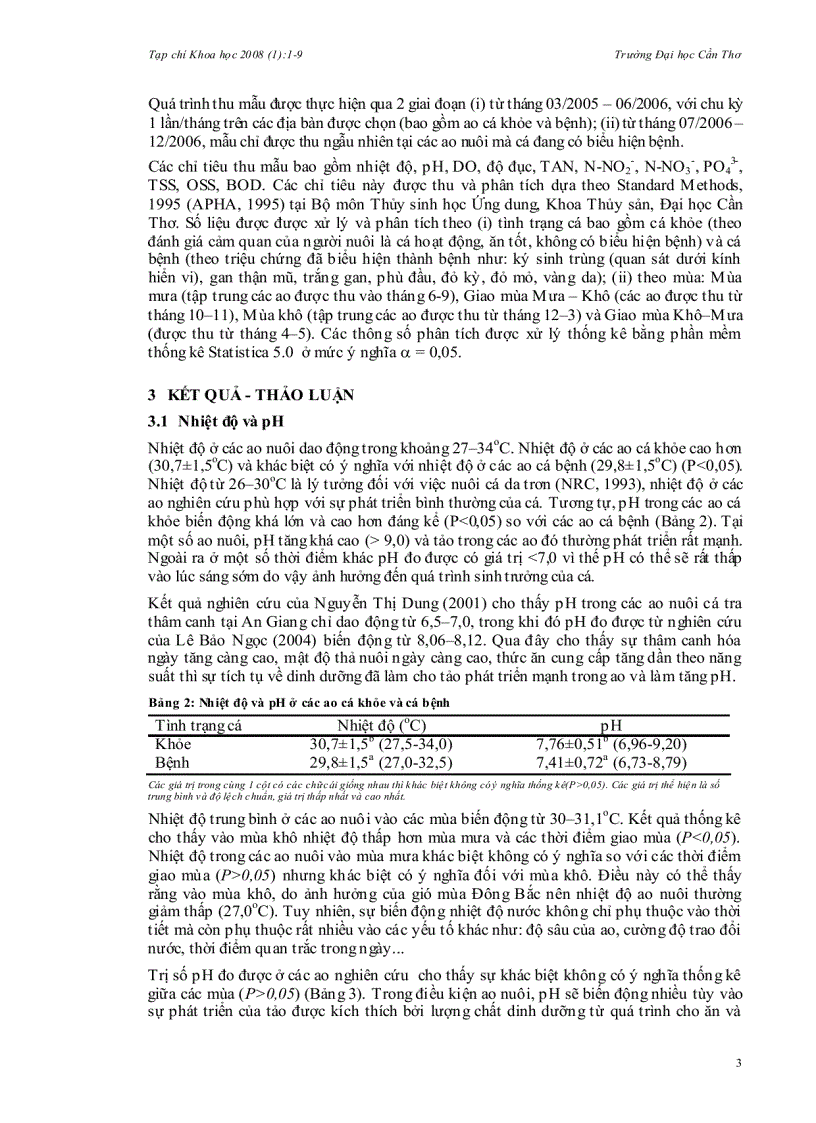 image for page Biến động các yếu tố môi trường trong ao nuôi cá tra Pangasianodon hypophthalmus thâm canh ở an giang