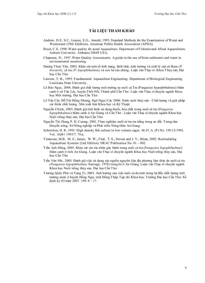 image for page Biến động các yếu tố môi trường trong ao nuôi cá tra Pangasianodon hypophthalmus thâm canh ở an giang