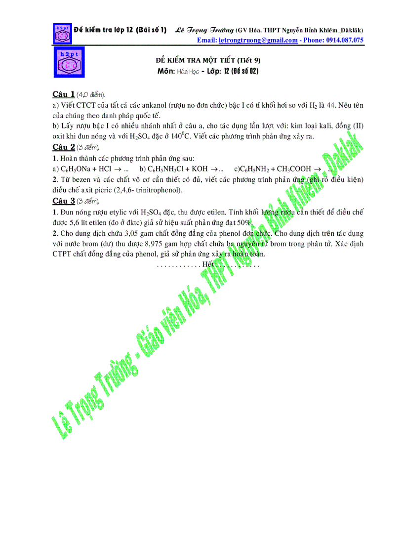 image for page Đề kiểm tra chương 1 môn hóa học lớp 12 đề 2