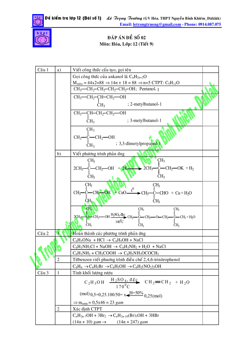 Đề kiểm tra chương 1 môn hóa học lớp 12 đề 2