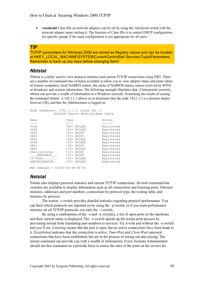 image for page How to Cheat at Securing Windows 2000 TCP IP