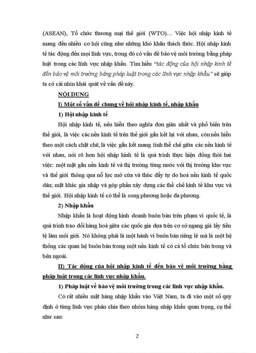 Tác động của hội nhập kinh tế đến bảo vệ môi trường bằng pháp luật trong các lĩnh vực nhập khẩu 1