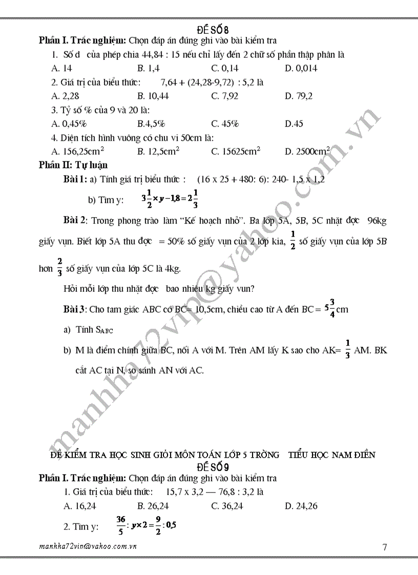 image for page Đề kiểm tra học sinh giỏi môn toán lớp 5 trường tiểu học nam điền