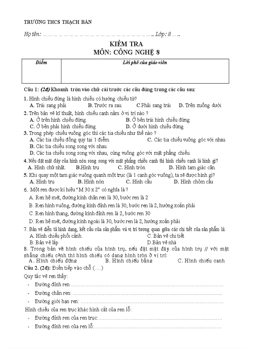 image for page Kiểm tra môn Công nghệ 8 năm 2003 2004