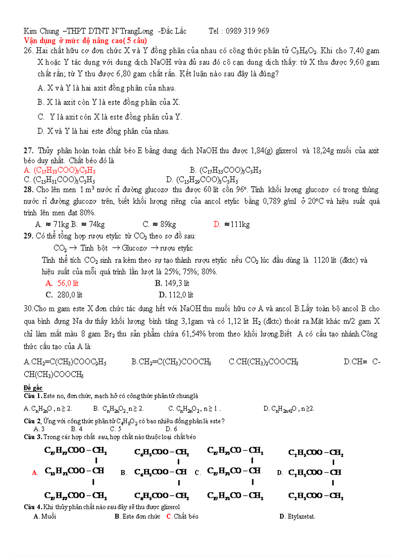 MA TRẬN RA ĐỀ KIỂM TRA TIẾT 12 Môn Hóa học Lớp 12 CB