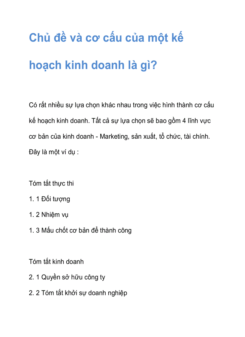 Chủ đề và cơ cấu của một kế hoạch kinh doanh là gì