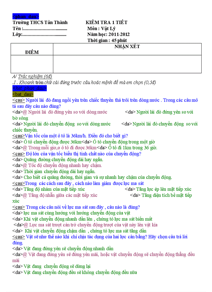 image for page KIỂM TRA 1 TIẾT Năm học 2011 2012 Môn Vật Lý