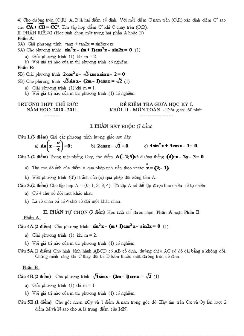 image for page ĐỀ KIỂM TRA GIỮA HỌC KỲ I MÔN TOÁN 11 Thời gian làm bài 60 phút 2011 2012