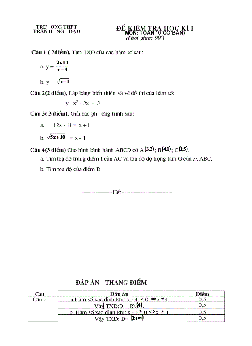 Đề kiểm tra học kì i Môn Toán 10 cơ bản Thời gian 90