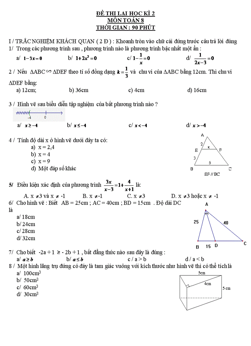 image for page Đề thi lại học kì 2 môn toán 8 thời gian 90 phút