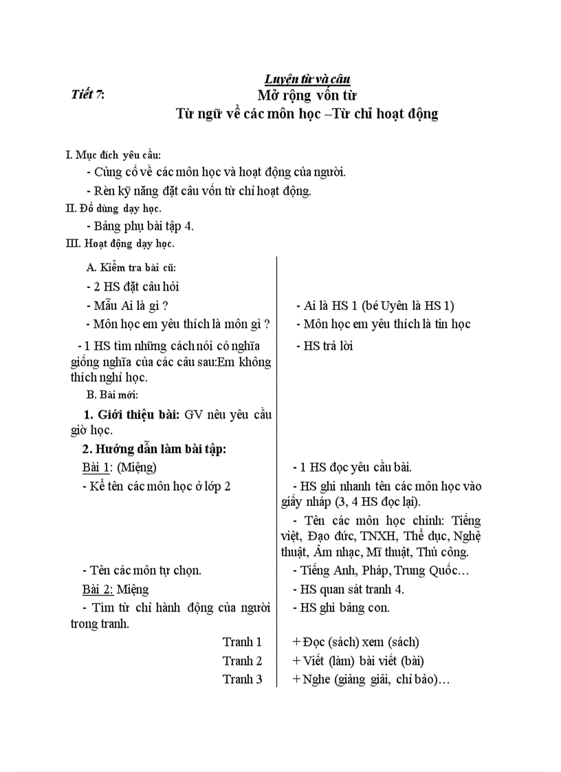 image for page Luyện từ và câu Mở rộng vốn từ Từ ngữ về các môn học Từ chỉ hoạt động