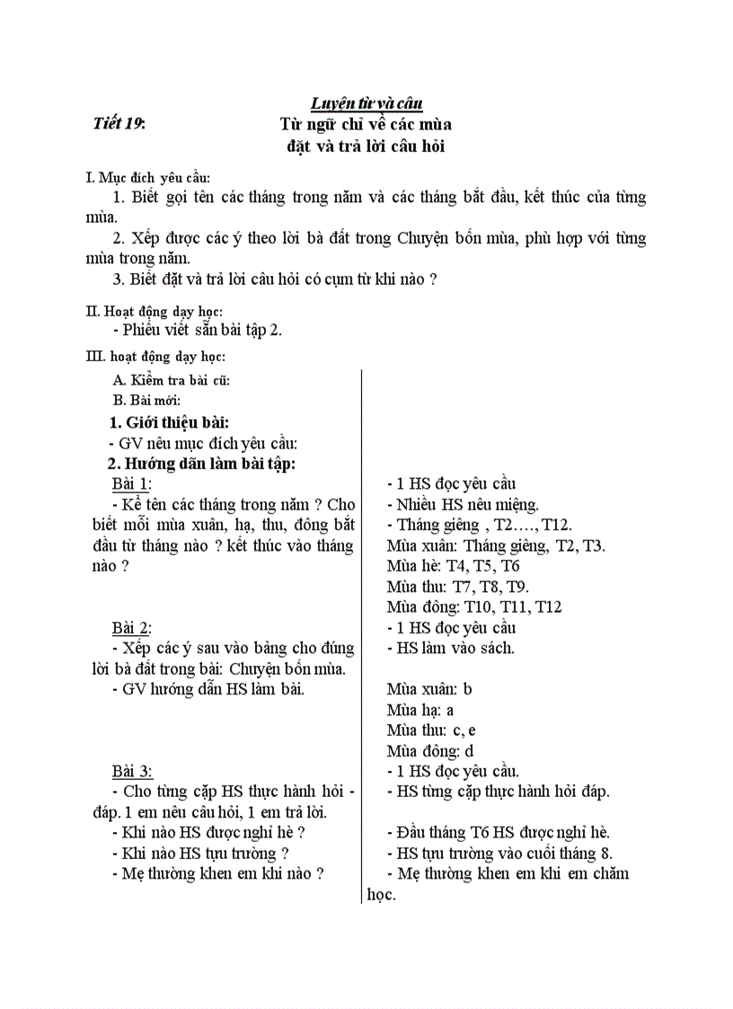 image for page Luyện từ và câu Từ ngữ chỉ về các mùa đặt và trả lời câu hỏi