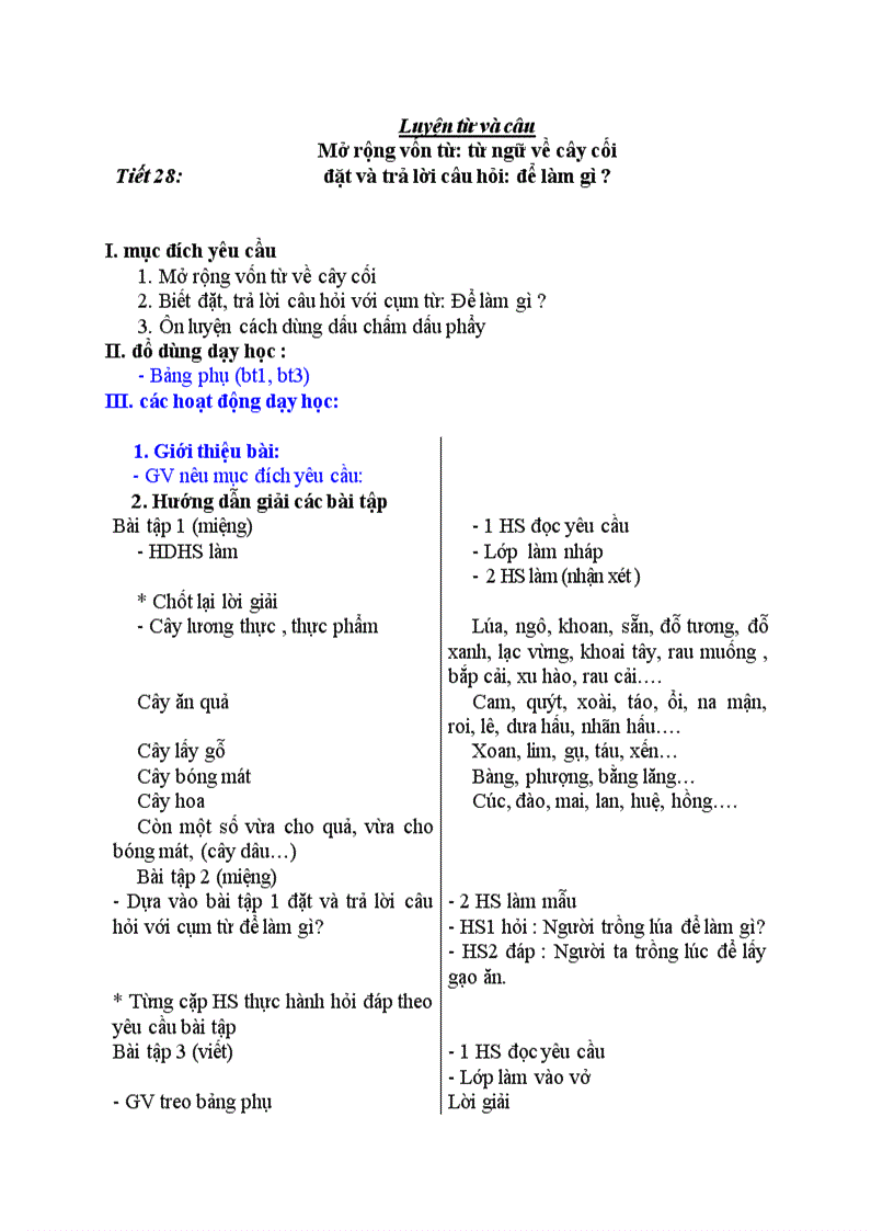 image for page Luyện từ và câu Mở rộng vốn từ từ ngữ về cây cối đặt và trả lời câu hỏi để làm gì