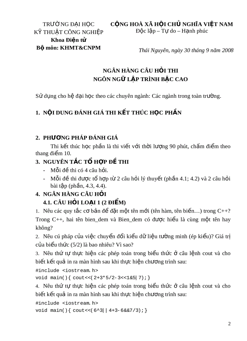 image for page Ngân hàng câu hỏi thi kết thúc học phần Ngôn ngữ lập trình bậc cao