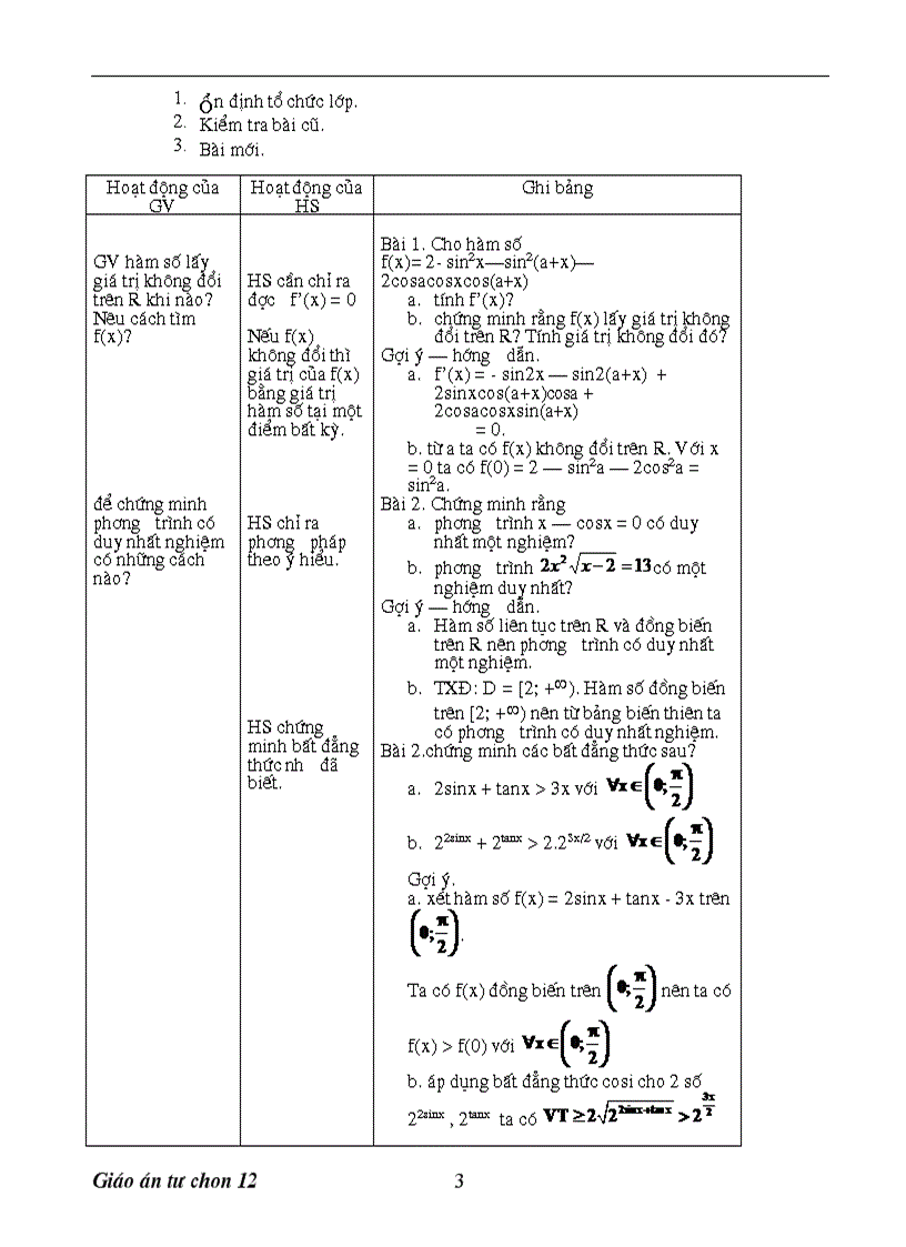 Giáo án tự chọn môn toán lớp 12