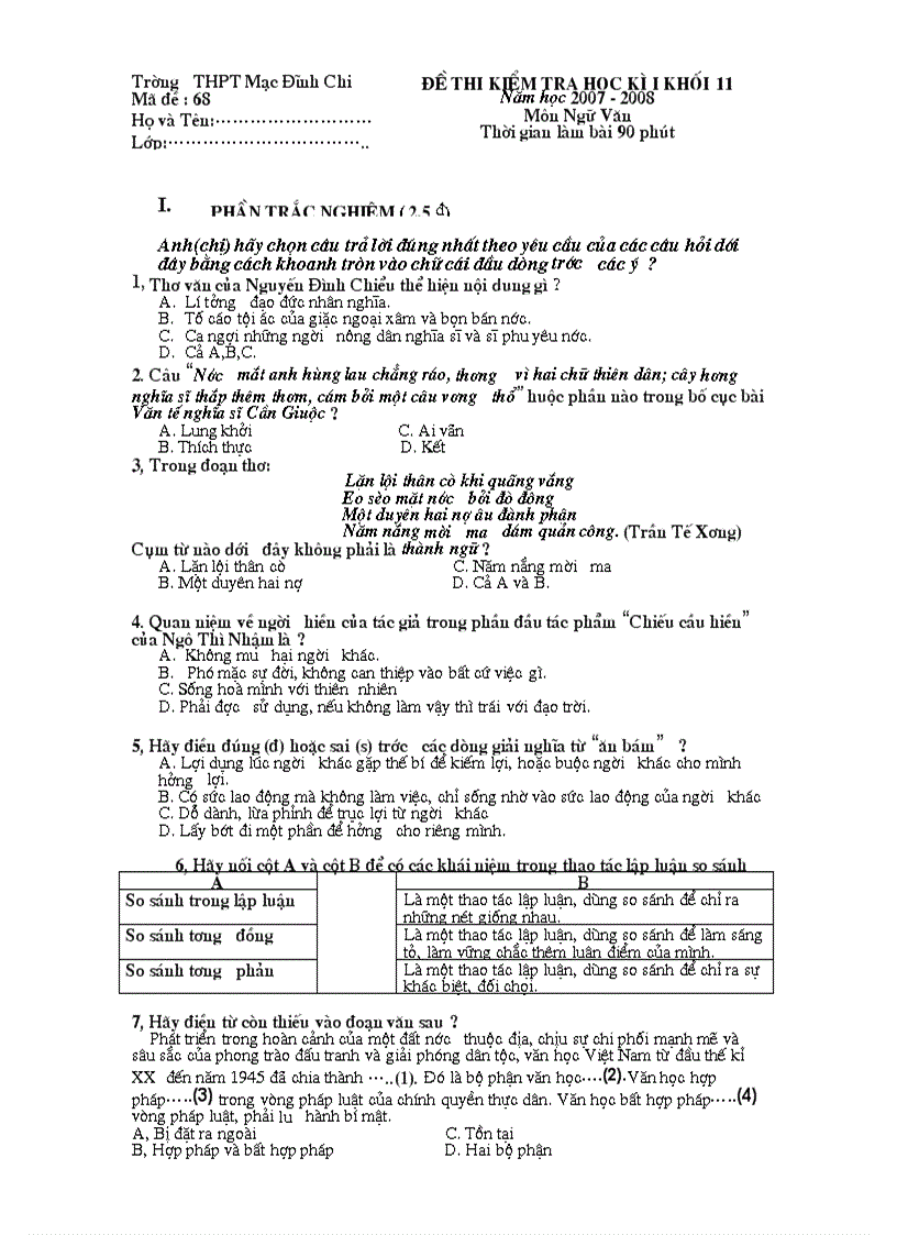 image for page Bài Kiểm tra Học Kì I Đáp án