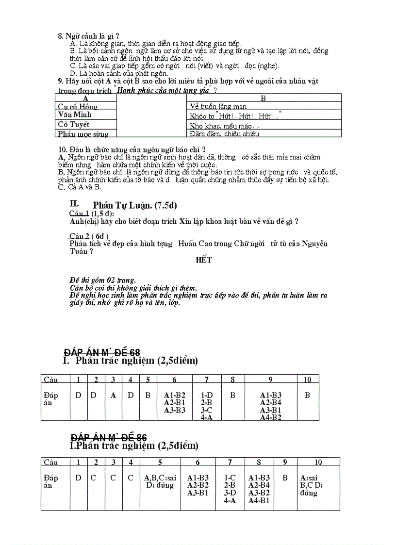 image for page Bài Kiểm tra Học Kì I Đáp án