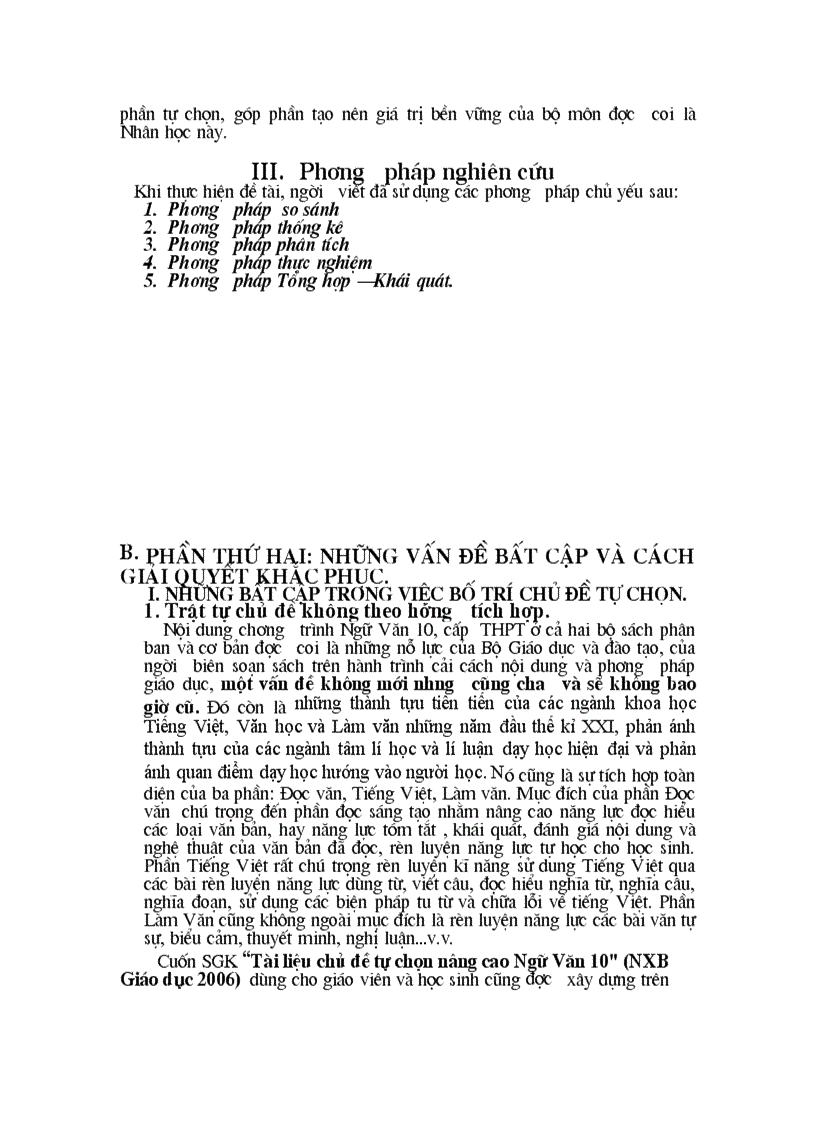 Vấn đề dạy tự chọn Ngữ Văn 10