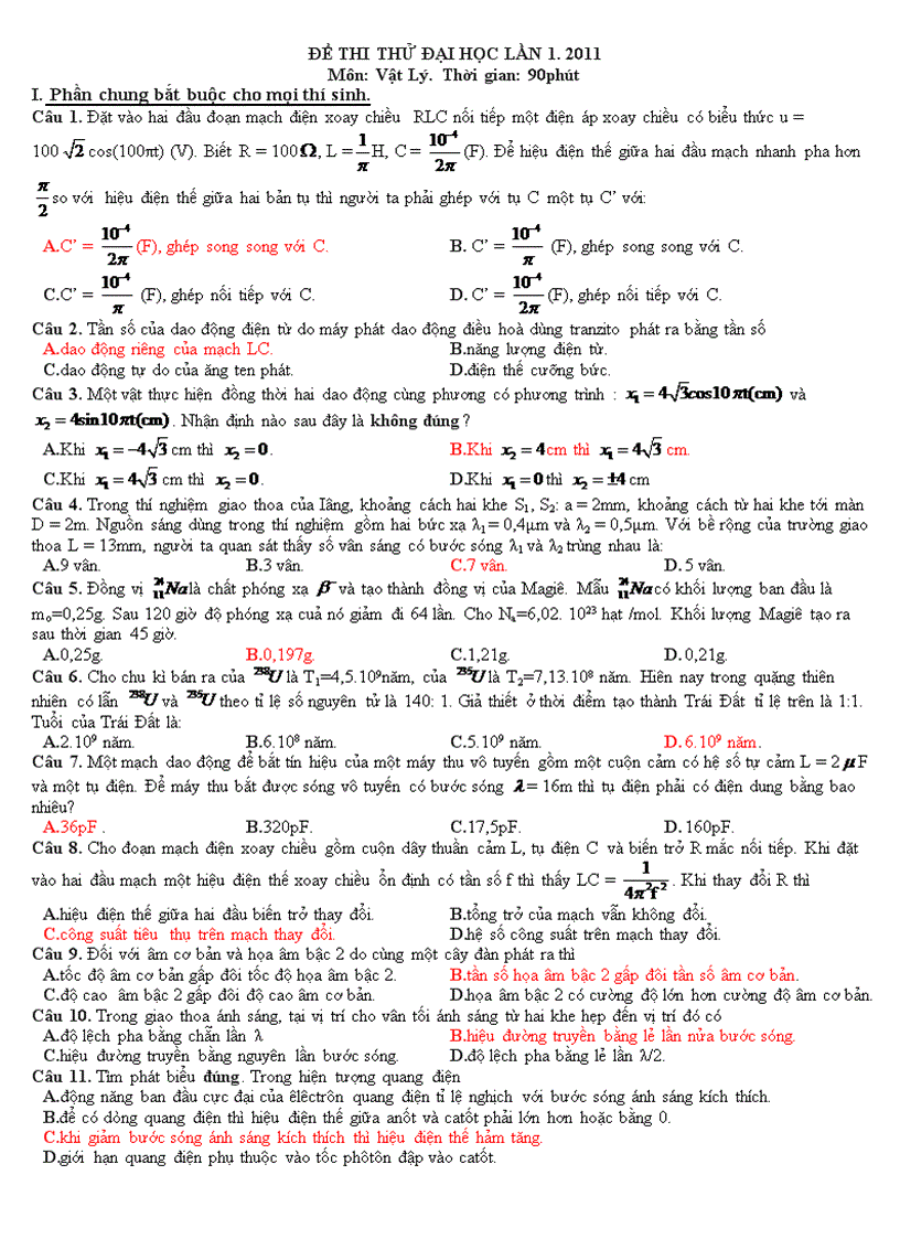 image for page ĐỀ THI THỬ ĐẠI HỌC LẦN 1 2011 Môn Vật Lý Thời gian 90phút