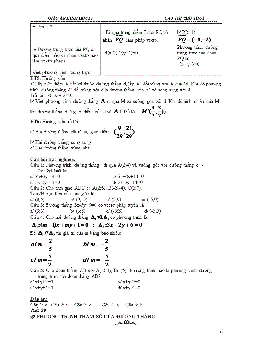 Giáo án Hình học 10 chương III nâng cao