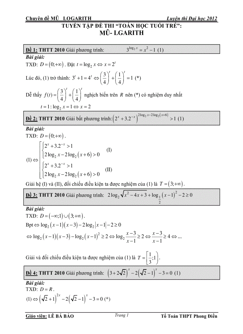 image for page Tuyển tập đề thi toán học tuổi trẻ Mũ lgarith