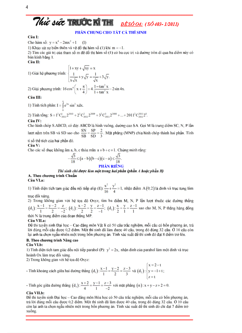 Các đề thi thử đại học trên báo toán học tuổi trẻ 2010 2011
