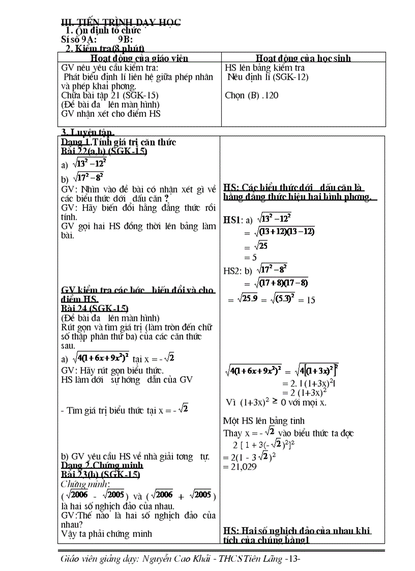 image for page Giáo án Đại số 9 học kì I