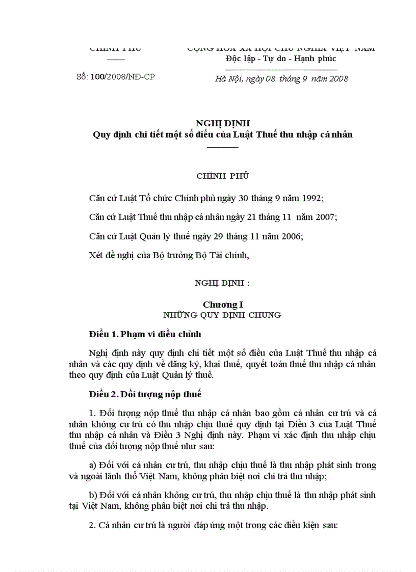 image for page NGHỊ ĐỊNH SỐ 100 2008 NĐ CP Quy định chi tiết một số điều của Luật Thuế thu nhập cá nhân