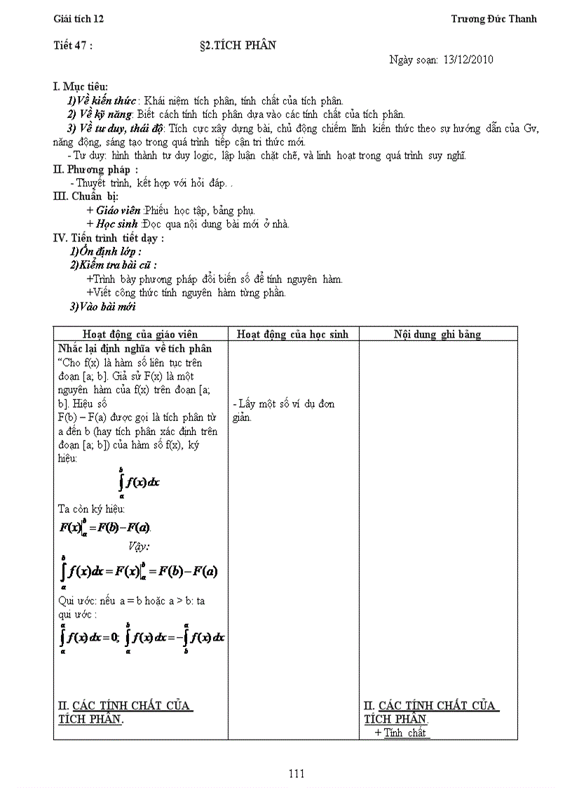 Giáo án giải tích phần tích phân