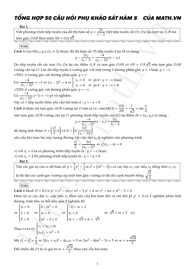 T ổng hợp 50 c âu hỏi phụ khảo sát hàm số của math vn