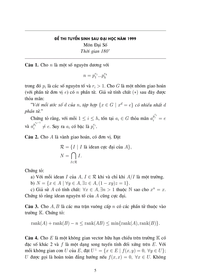 image for page Đề Thi Tuyển Sinh Sau đại học năm 1998 môn đại số